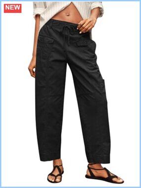 100% Cotton Cargo Pants Drawstring Elastic Waist Wide Leg Hiking Work